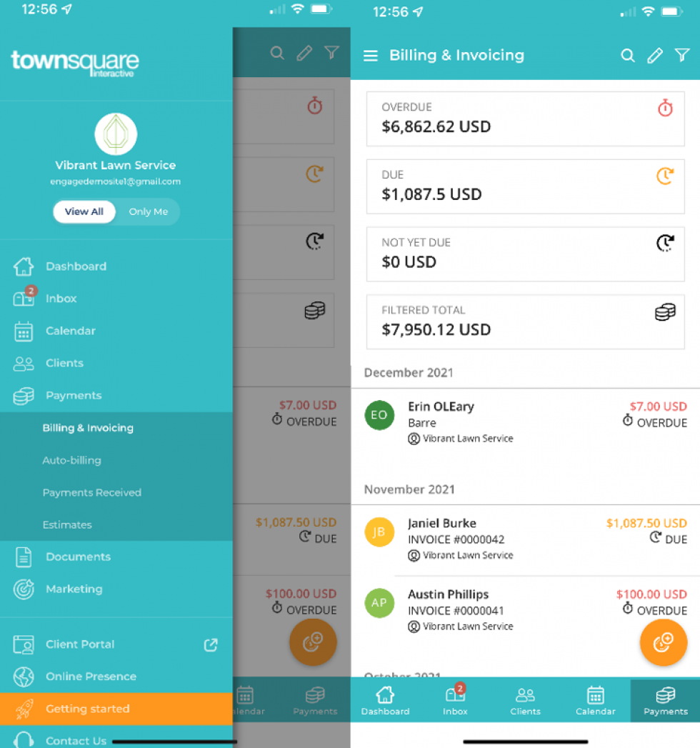 Engage App Payment and Invoicing Tool Dashboard and Example