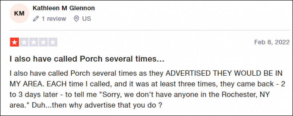 Porch TrustPilot Review 1